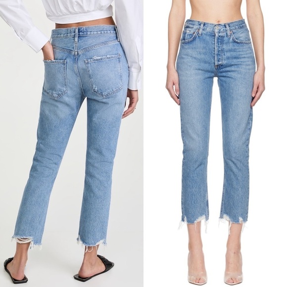 AGOLDE 90s High Rise Distressed Button Fly Raw Hem Ankle Crop Straight Jeans 26 - Picture 5 of 10